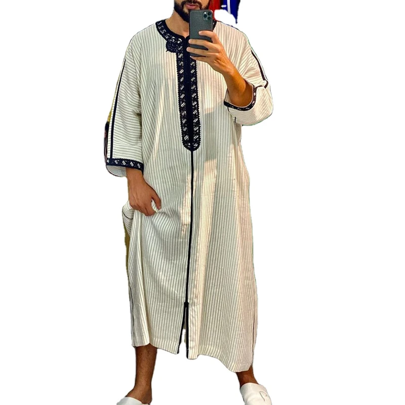 CHINEE M 4XL African Ethnic Style Men's Long Embroidered Casual Muslim Robe Long Sleeved Round Necked Robe
