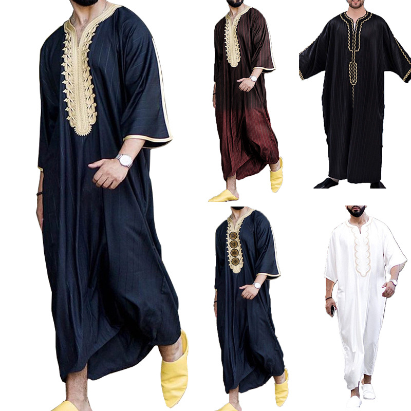 CHINEE M 4XL New Muslim Robe Ethnic Style One piece Loose Casual V neck Medium Sleeve Men's Wear