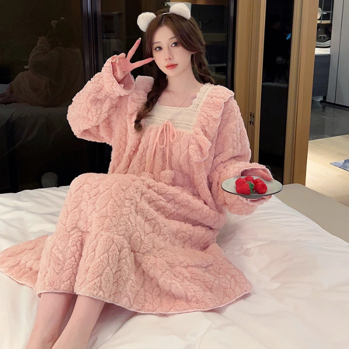 CHINEE M-5XL Flannel Pajamas Set Thermal Nightgown Nightshirt Plus Size Ladies Nightdress Warm Winter Women's Sleepwear