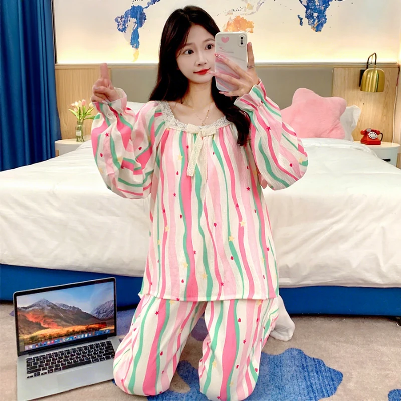 CHINEE M-5XL New Design Nightshirts High Quality Women Pajamas Night Suit Cotton Long Sleeve Nightgown Plus Size Women's Sleepwear