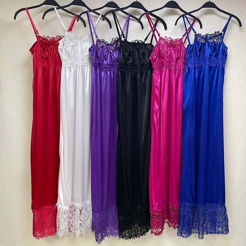 CHINEE MC 1637 High Quality Black Silk Nightdress Women's Lace Sling Sleepwear Soft Satin Chemise Plus Size Clothing