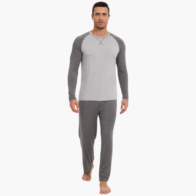 CHINEE Male Long Sleeve Round Neck Men Bamboo Pyjamas Cotton Pajamas Loungewear Set Men's Sleepwear