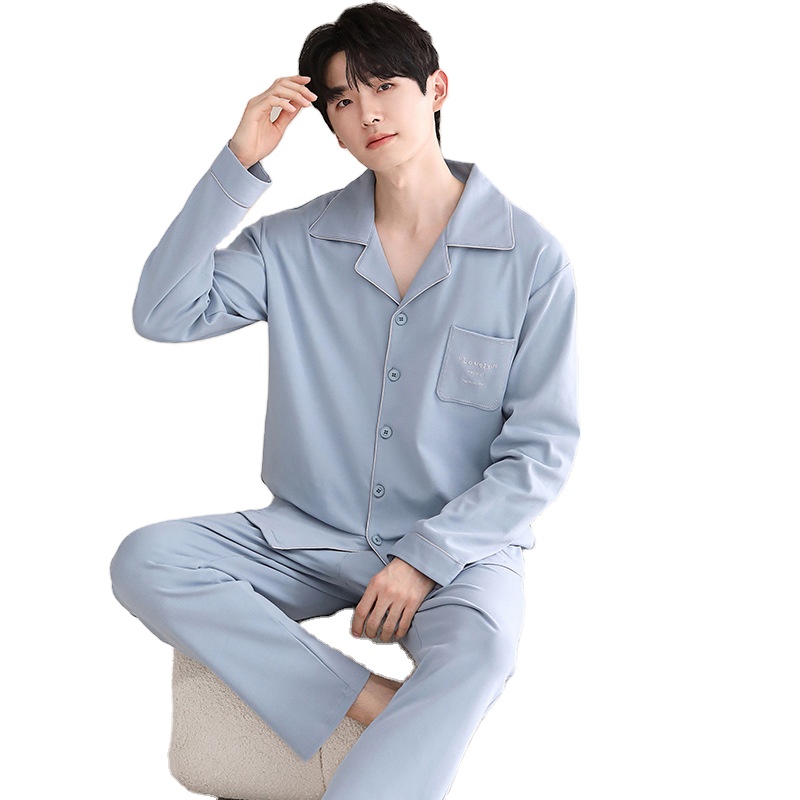 CHINEE Man Sleepwear Long Sleeve Piping Pyjamas Cotton Men Pajamas Loungewear Sets Men's Clothes