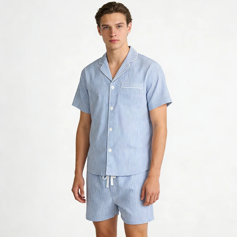 CHINEE Man Sleepwear Short Sleeve Piping Pyjamas Soft Bamboo Cotton Men Pajamas Loungewear Sets Men's Clothes