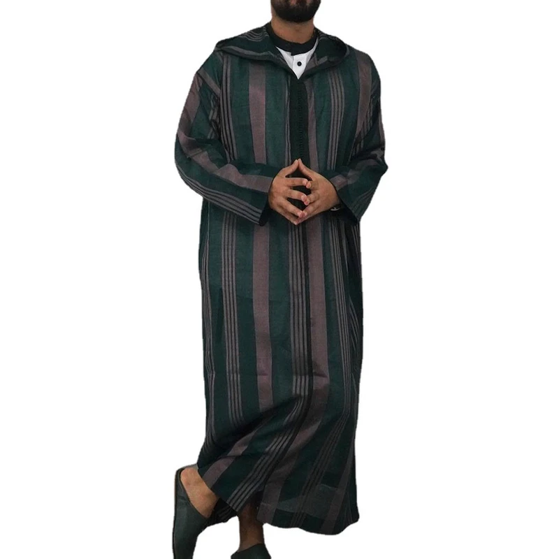 CHINEE Manufactory Custom Style or Logo ODM Men Islamic Arabian Striped Hooded Zipper Muslim Autumn Streetwear Casual Islamic Robe