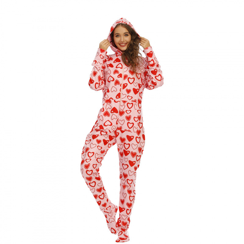CHINEE Manufacture Adult Winter Casual Soft Breathable Woven 100% Polyester Long Sleeve Sweetheart Hoodie Footie Onesie Pajamas