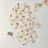 CHINEE Manufacturer Bear Pattern Printed Long Sleeved Lapel Two piece Set for Women's Sleepwear Suitable for Home Wear Set
