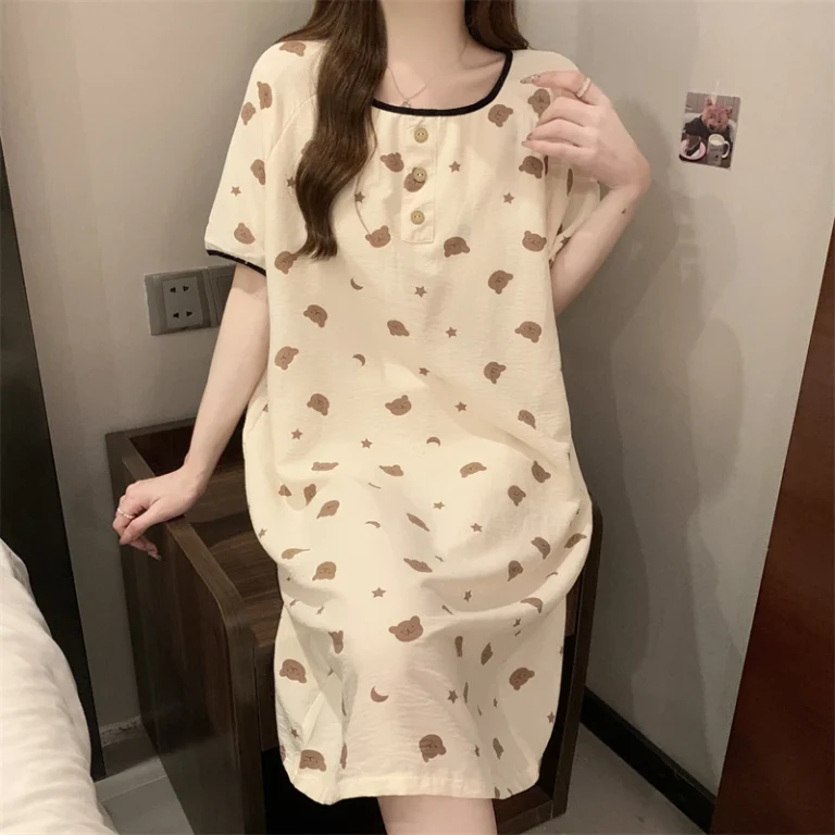 CHINEE-Manufacturer-Comfortable-Cotton-Womens-Sleepwear-Lovely-Cartoon-Printed-Night-Wear-Leisure-Night-Dresses-for-Woman
