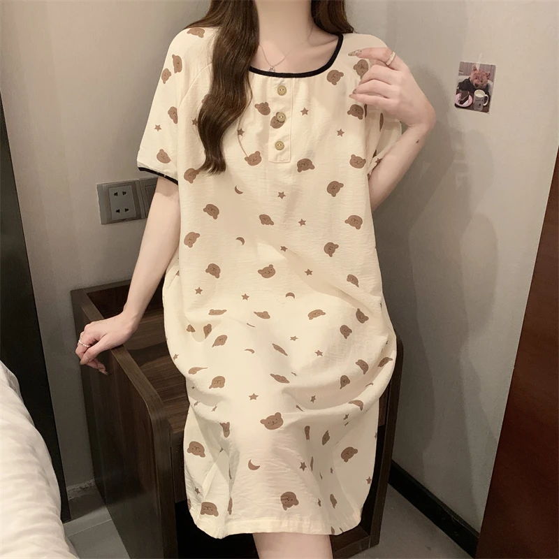 CHINEE Comfortable Cotton Women's Sleepwear Lovely Cartoon Printed Night Wear Leisure Night Dresses for Woman