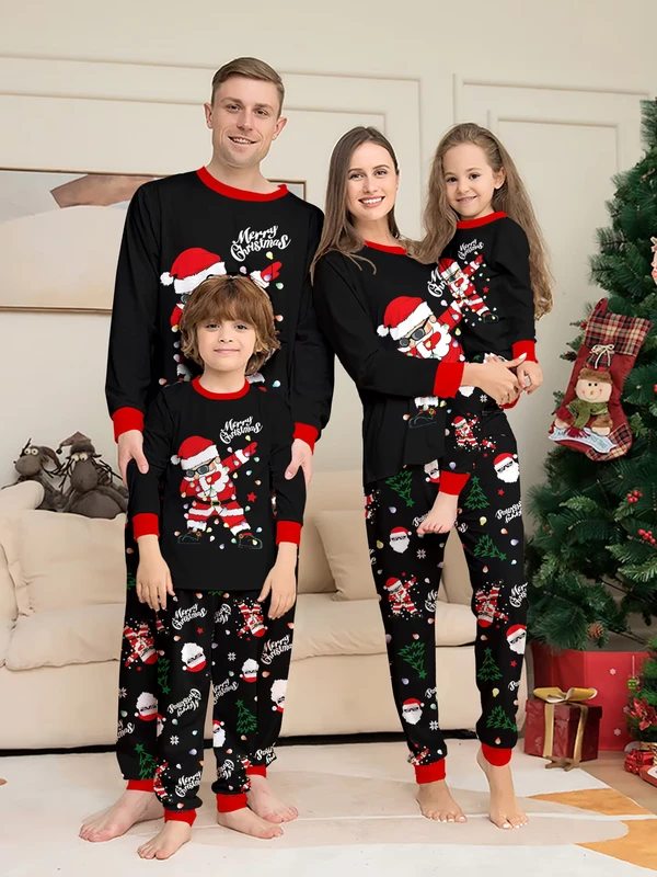 CHINEE Matching Family Elderly Pajamas Colorful Lightsletter Printing Christmas Pajamas Polyester Fiber Pajamas Set
