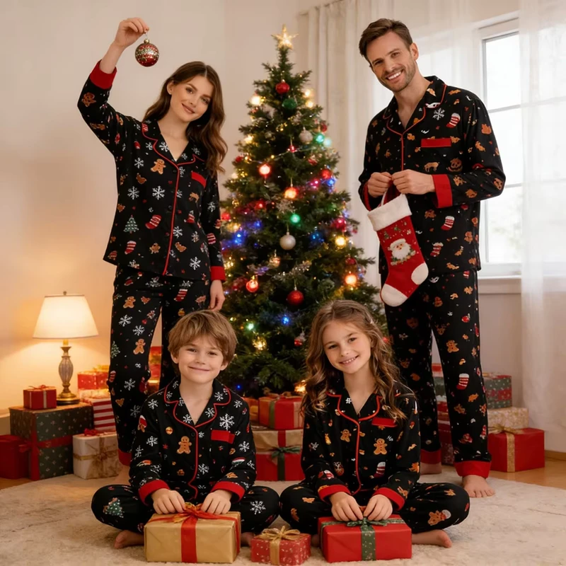 CHINEE Matching Family Pajamas Gingerbread Snowflake Print Christmas Pyjamas Organic Cotton Soft Nightwear for Adults & Kids