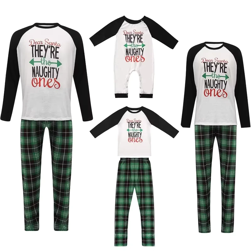 CHINEE Matching Family Pajamas Sets Christmas PJ's Letter Print Top and Plaid Bottom Sleepwear