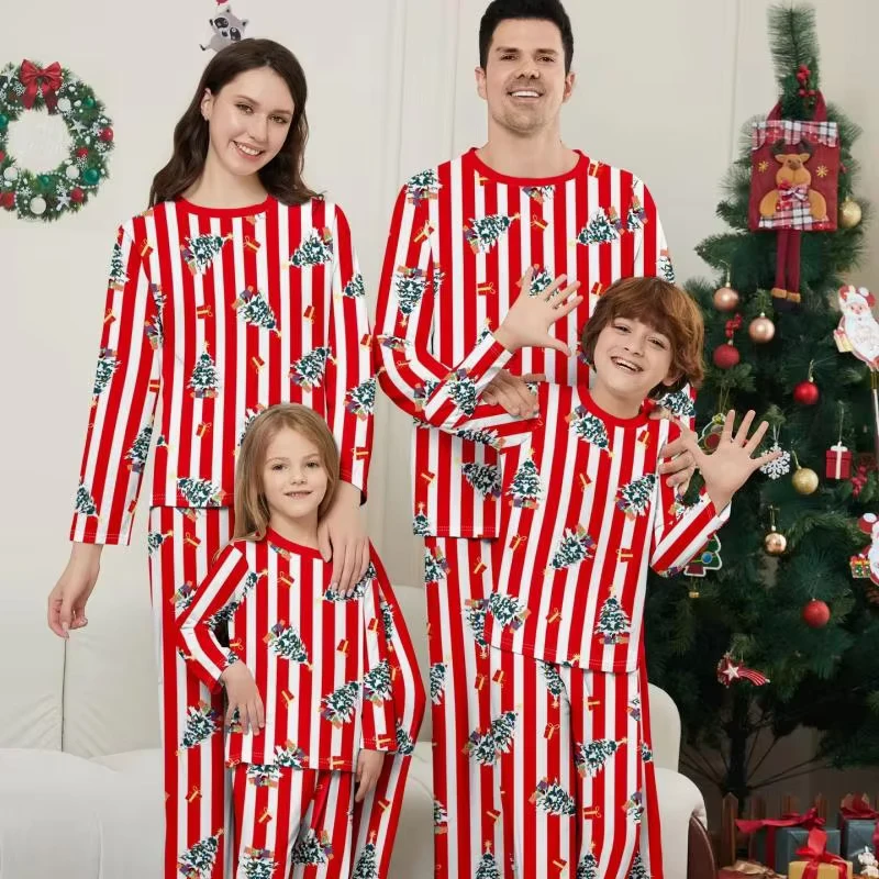 CHINEE Matching Red Striped Family Christmas Pajama Set Holiday Sleepwear Sets Long Sleeve Pullover and Printed Pants
