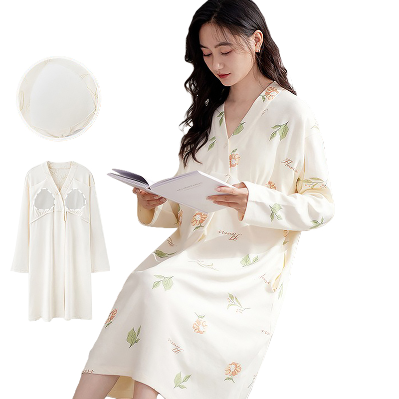 CHINEE Maternity Cotton Pajamas Long Sleeved Postpartum Nightgowns Chest Pads Casual Confinement Clothes Breastfeeding Summer