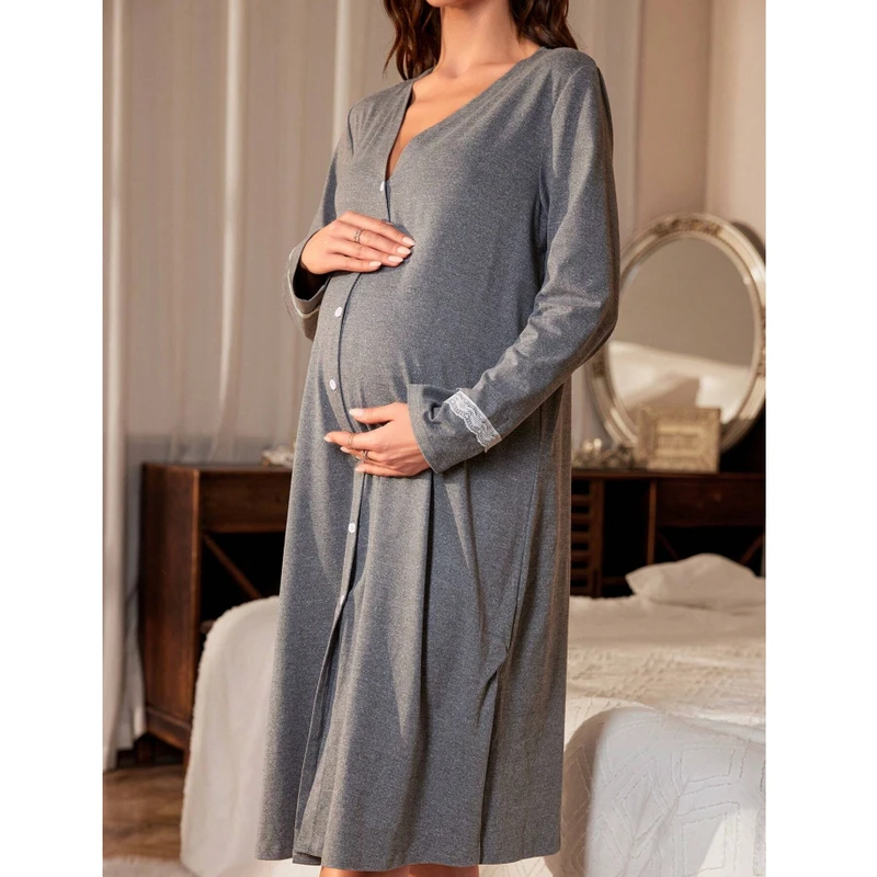 CHINEE Maternity Dresses Pregnant Women Maternity Single Breasted Long Sleeve Nightgown for Mother Pajama Dress