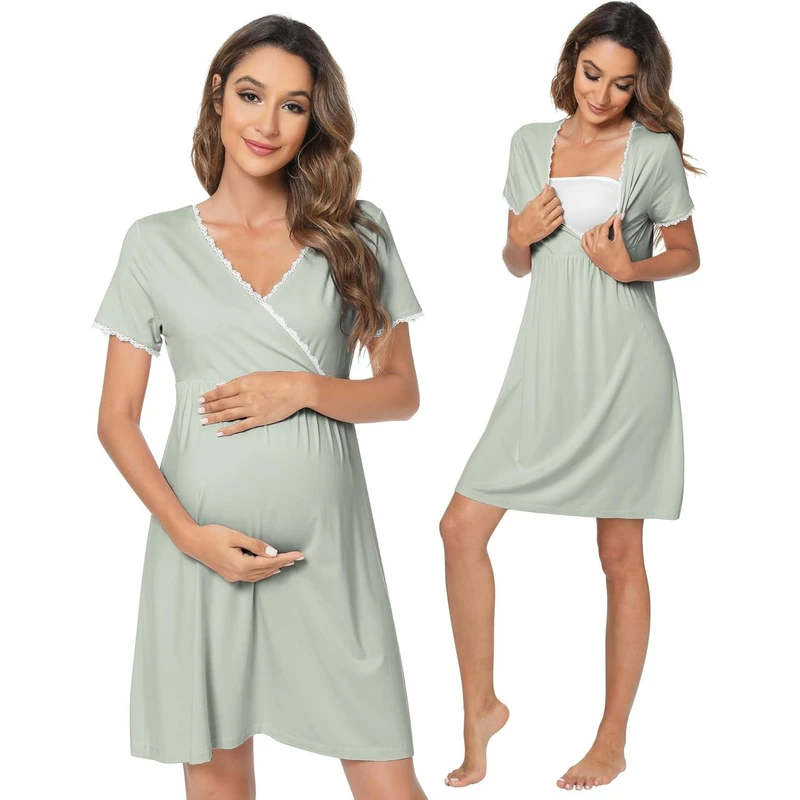 CHINEE Maternity Nursing Nightgown Anti-Bacterial Breathable Bamboo Spandex Knitted Fabric Summer Sleep Shirt Dress Pregnancy