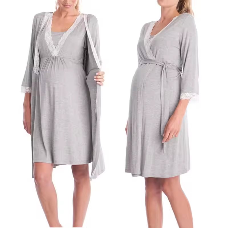 CHINEE Maternity Robe Nightgown Pregnant Nursing Nightwear Lace Sleepwear With Adjustable Belt Pajama Dress Pregnancy