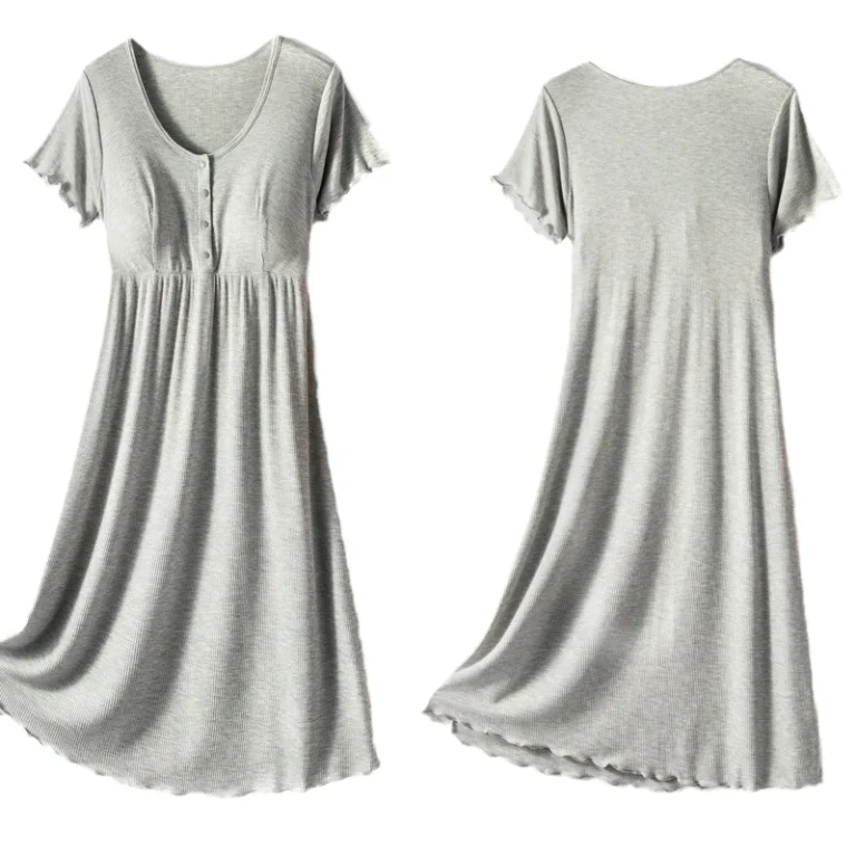 CHINEE-Maternity-Short-sleeved-Nursing-Dress-Round-Summer-Pajamas-for-Pregnancy-M-2XL-Black-Grey-Green