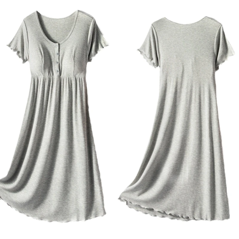 CHINEE Maternity Short-sleeved Nursing Dress Round Summer Pajamas for Pregnancy M-2XL Black/Grey/Green
