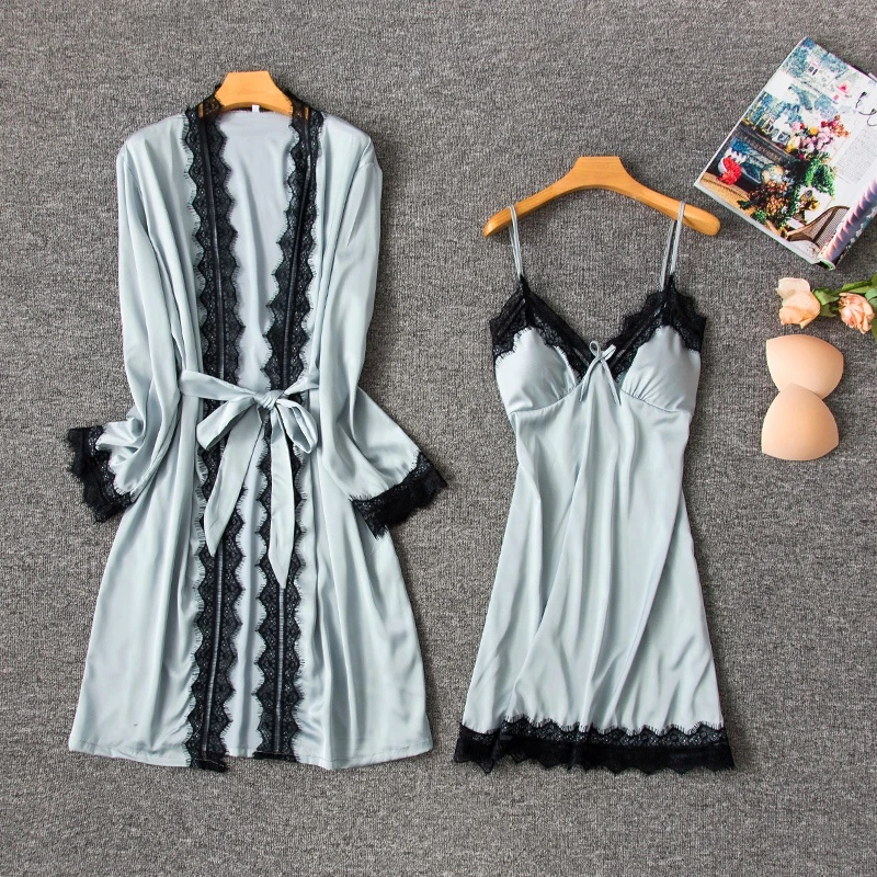 CHINEE Mature Womens Sexy Nightgown Satin Nightdress Sleepwear Blue Sexy Nighty Dress Picture