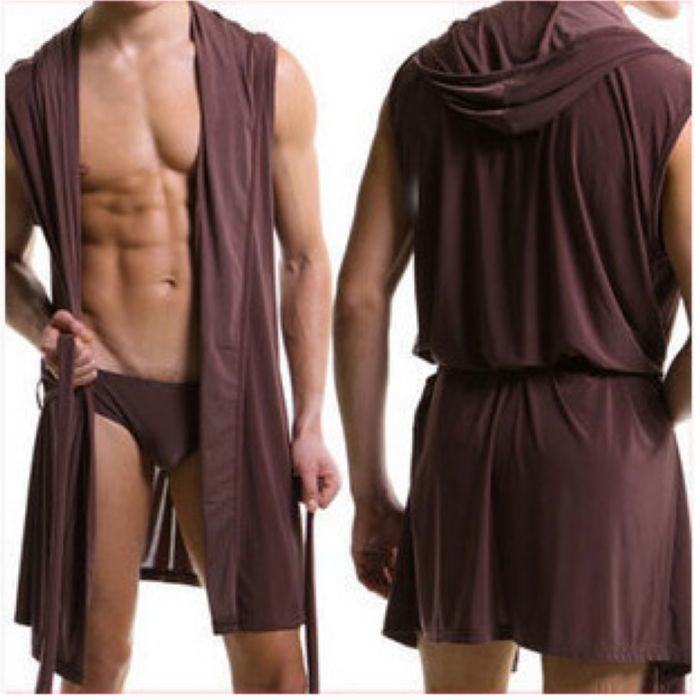 CHINEE Men Summer Dress Milk Silk Smooth Bath Robe Sexy Pajamas Sleepwear Hombre Sleeveless Hooded Casual Bathrobe Nightgown
