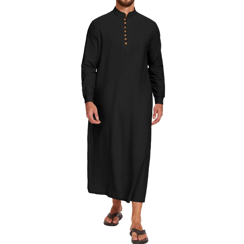 CHINEE Men Thobe Muslim Clothing Long Sleeve Solid Color Casual Polyester Floor Length Prayer & Daily Use