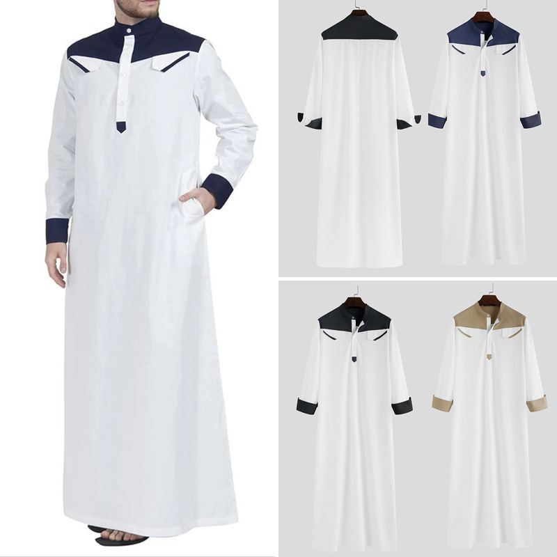 CHINEE Men Thobe Muslim Men's Robe Color Block Contrast Collar & Cuff With Side Pockets Loose Fit Full Length Long Robe