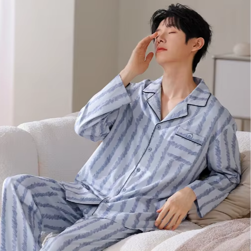 CHINEE Men's 100% Cotton Collared Button-down Long-sleeve Breathable Pajama Set with Color Block Design Fashionable Casual Sleepwear