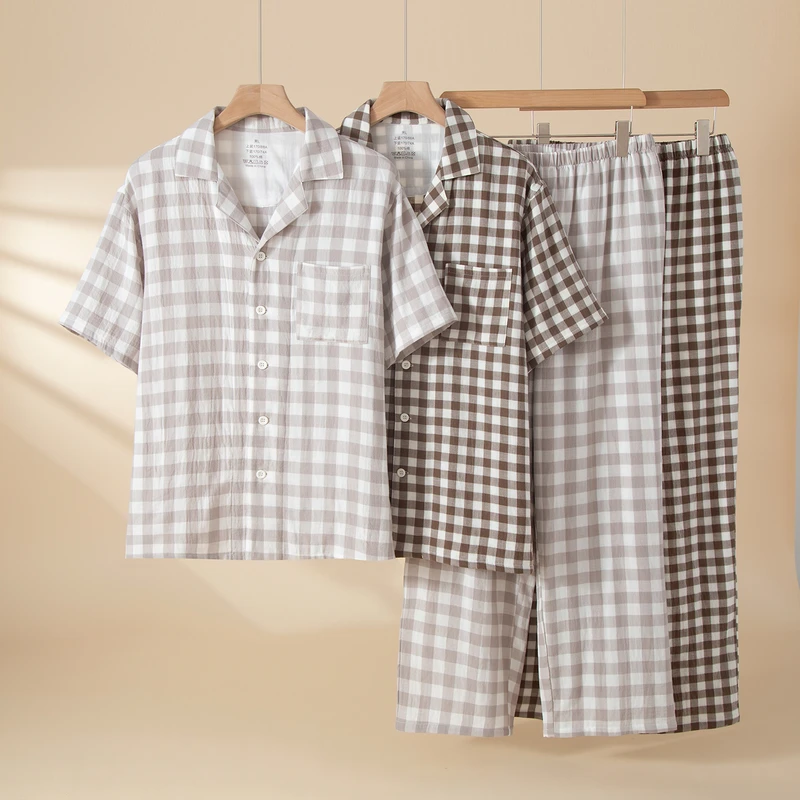 CHINEE Men's 100% Cotton Pajama Set Casual Short Sleeve Loungewear Breathable Pure Cotton Sleepwear for Adult Males