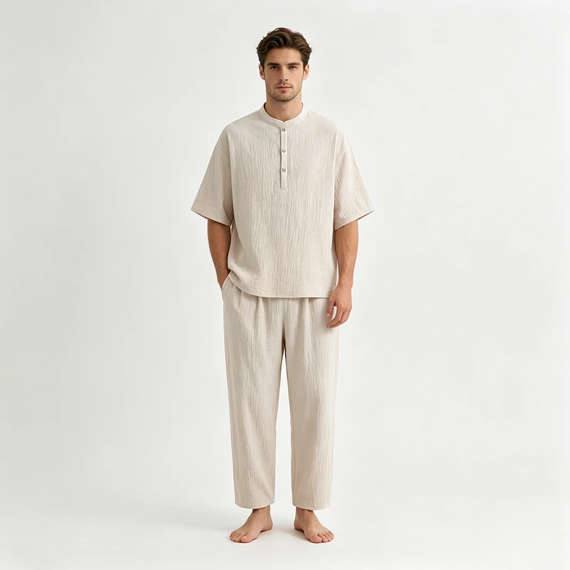 CHINEE Men's 100% Cotton Pajamas Set Daily Short Sleeve Loungewear Bulk Pure Cotton Adult Male Sleepwear