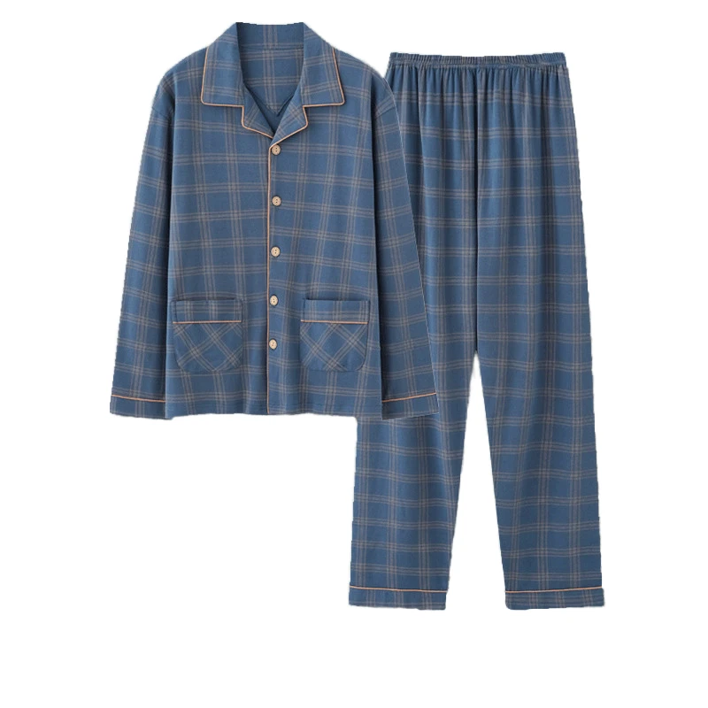 CHINEE Men's 100% Cotton Satin Knitted Weave Pajamas Long Sleeve Thin Plaid Casual Breathable Pockets Spring Autumn Plus Size Sleepwear