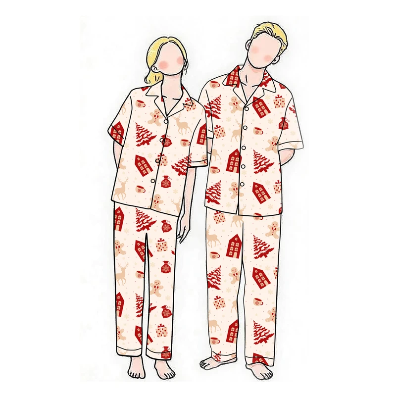 CHINEE Men's 100% Cotton Short Sleeve Pajama Set, Personalized Christmas Print, Velour, Breathable, Comfortable
