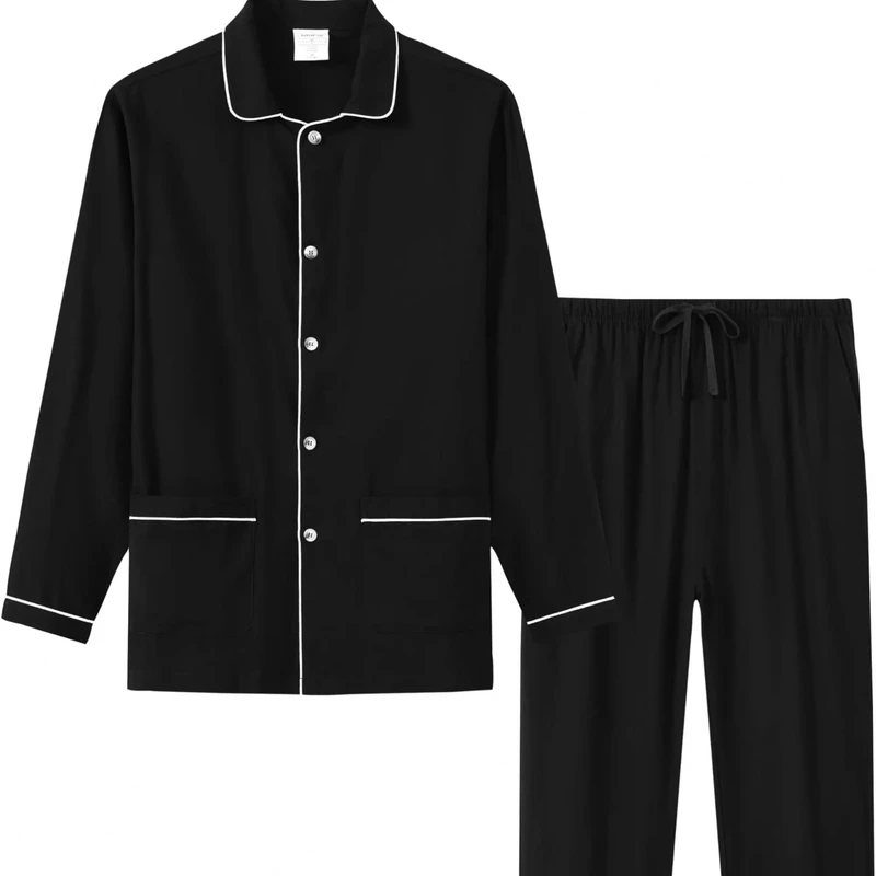 CHINEE Men's 100% Cotton Silk Flannel Pajama Set Long Sleeve Button Down with Notched Collar Breathable Sleepwear with Comfort