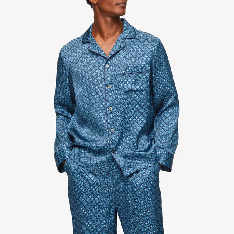 CHINEE Men's 100% Silk Satin Breathable Pajama Set Soft Long Sleeve Loungewear Nightwear Custom Logo Big Size Winter Silk