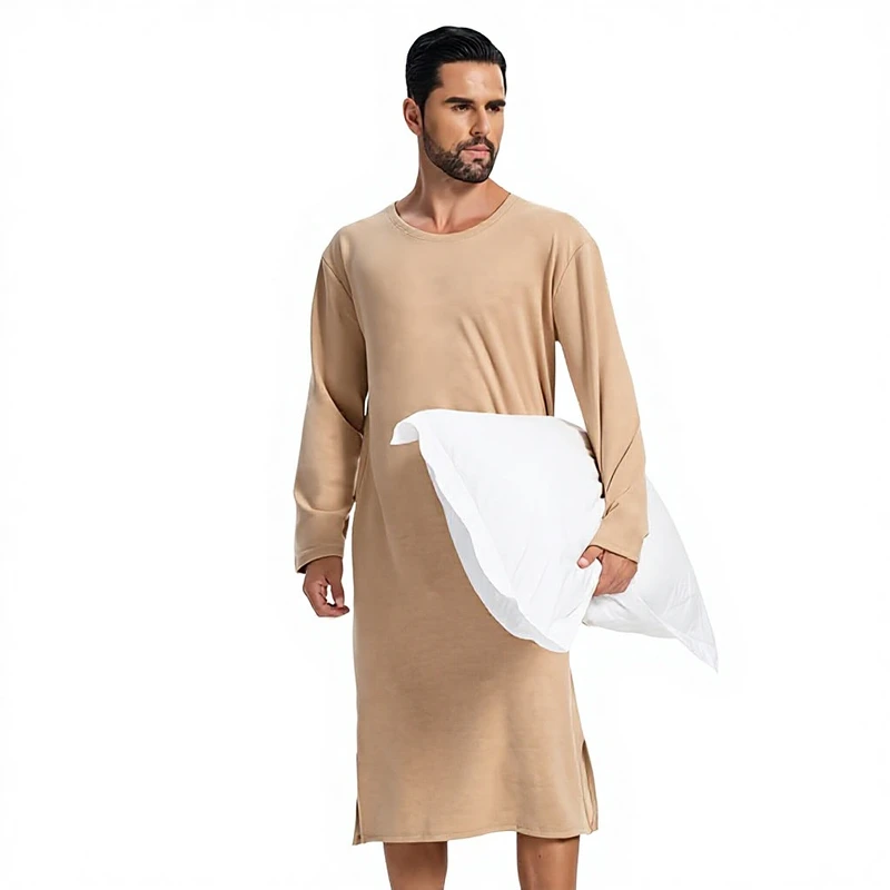 CHINEE Men's All Season Long Sleeve One Piece Nightgown Knee Length Bathrobe Polyester Pajamas 251 300g m Solid