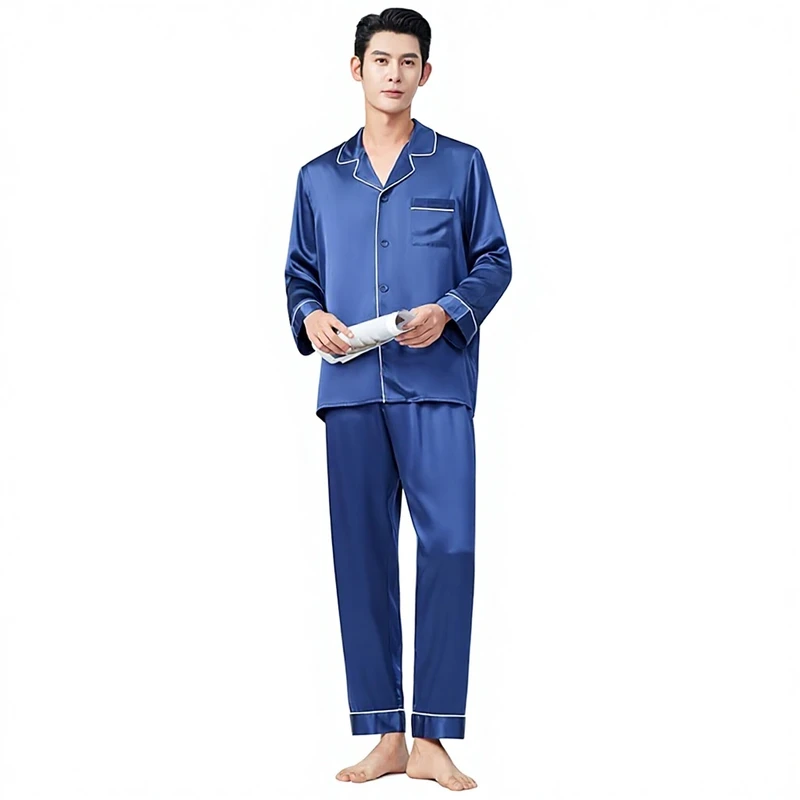 CHINEE Men's Autumn Winter High Grade 100% Mulberry Silk Long Sleeved Pajamas 19mm Breathable Home Comfort Clothing