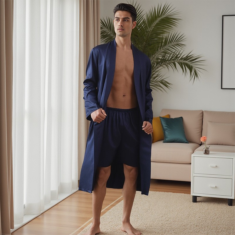 CHINEE Men's Bathrobe and Shorts Set Solid Color Home Wear Bathrobe Thin Pajamas Home Casual