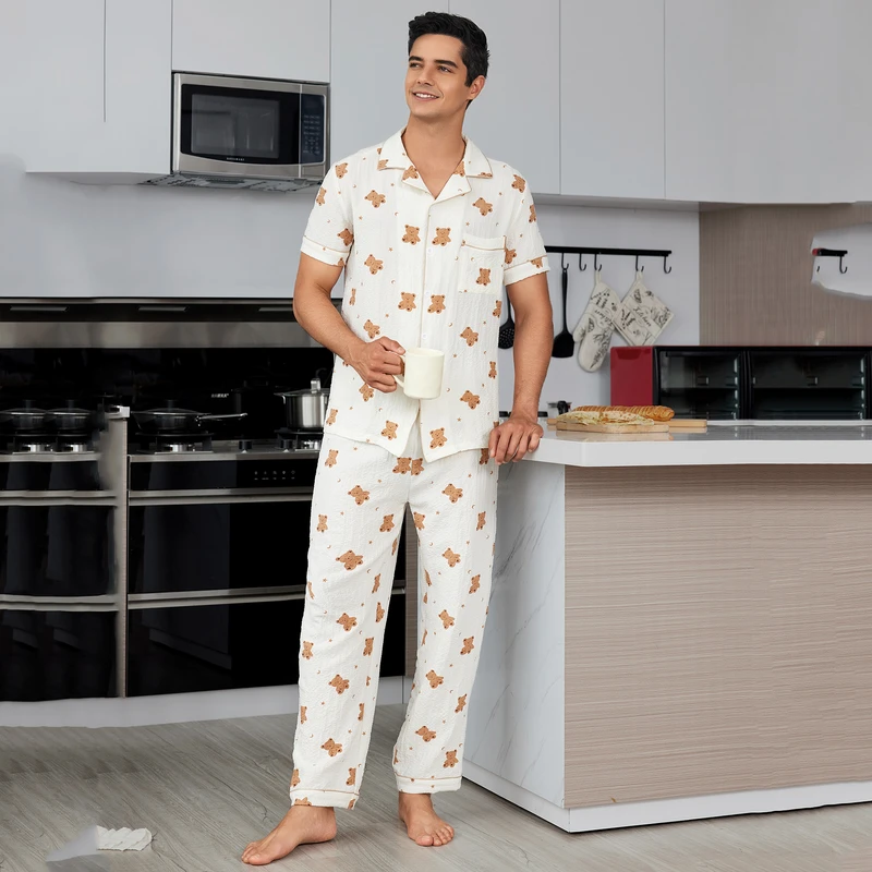 CHINEE Men's Bear Print Pajama Set Custom Logo Short Sleeve Top With Long Pants Soft Loungewear