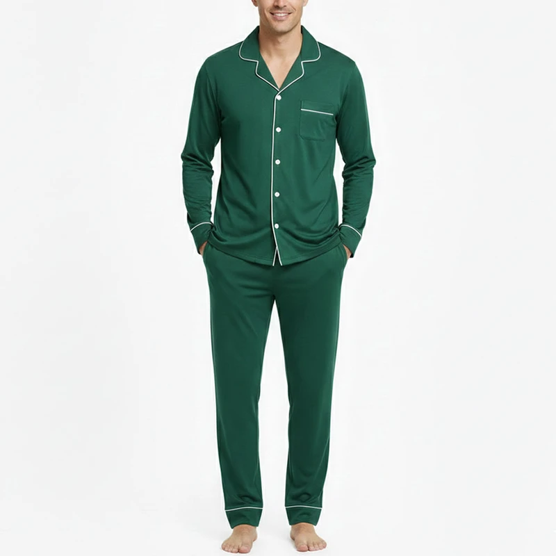 CHINEE Men's Breathable Silk Night Suit Set Long Sleeve Button Top Full Length Pajama Pants Machine Washable Sleepwear