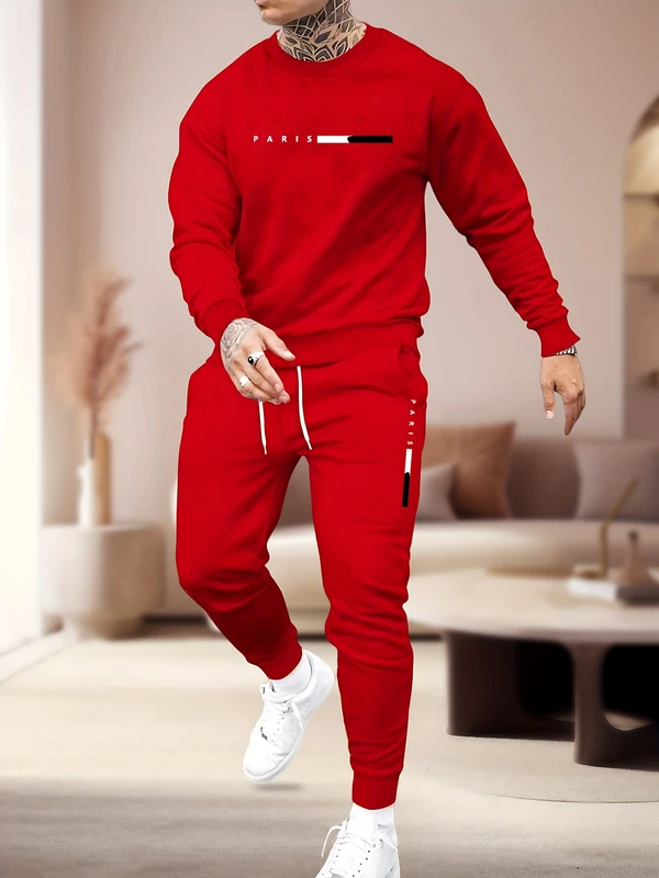CHINEE Men's Casual 2 Piece Satin Pajama Set, Crew Neck, Long Sleeve Top, Printed Paris Design, Breathable, Regular Fit, Sweatpants, Pockets