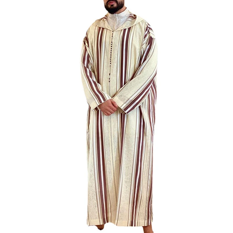 CHINEE Men's Casual Beige Muslim Abaya Long Ethnic Style Robe with Hood Summer Polyester Use Inspired by African Design
