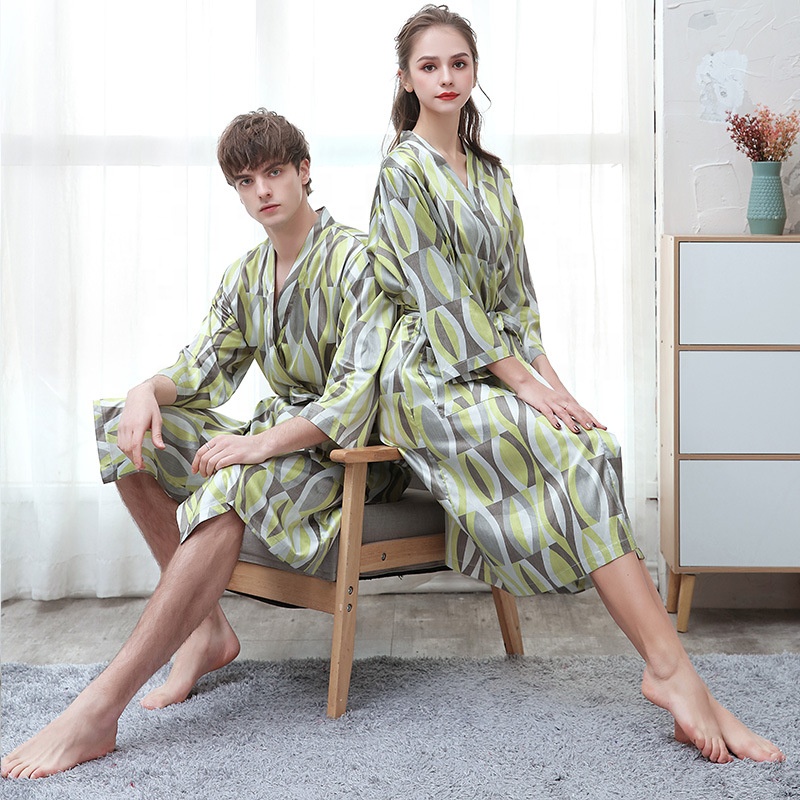 CHINEE Men's Casual Breathable Quick Dry Long Sleeve Silk Bathrobe Summer Lightweight Digital Printing Pajamas Large Size Spring