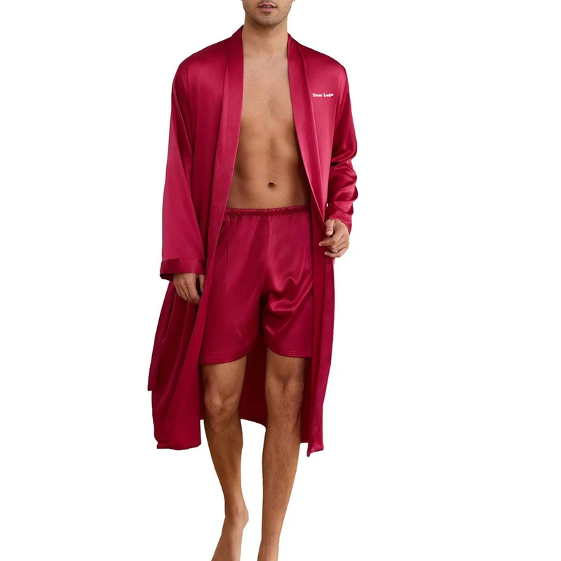 CHINEE Men's Casual Breathable Quick Dry Satin Sleeping Robes Loose Fit Long Sleeve 100% Silk Sublimation Style 220g