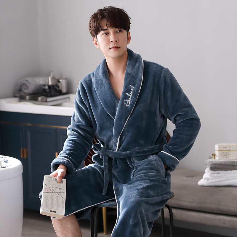 CHINEE Men's Casual Breathable Solid Pattern Knitted Pajamas Nightgown Autumn Winter Coral Fleece Thick Warm up Flannel Long Sleeve