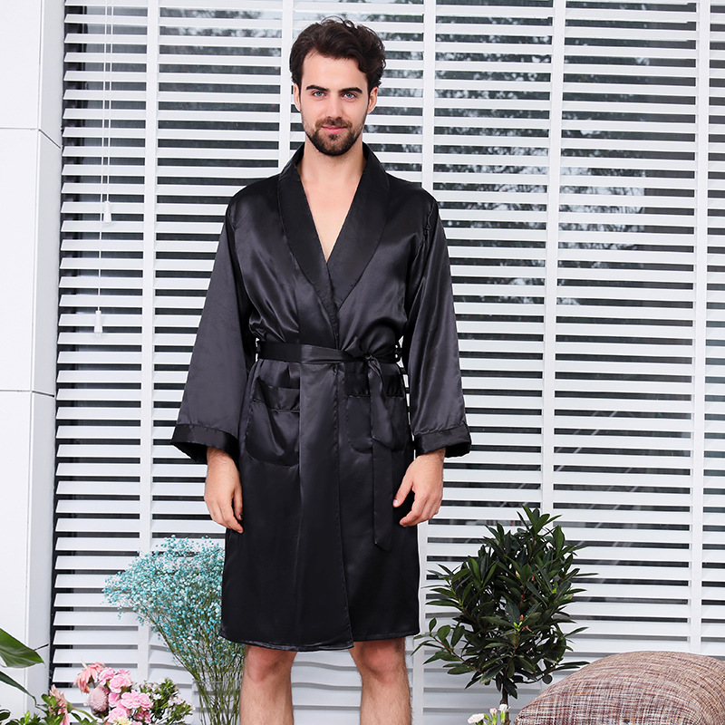 CHINEE Men's Casual Lightweight Woven Silk Bathrobe with Pockets Breathable Summer Thin Long Sleeve Pajamas Plus Size