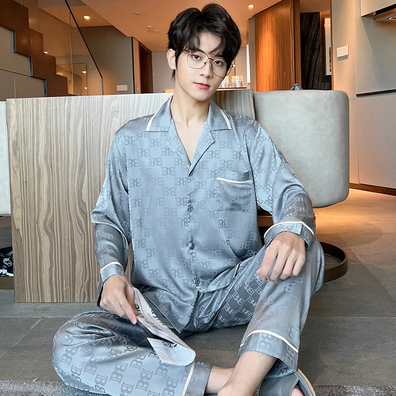 CHINEE Men's Casual Pajamas Spring Autumn Long Sleeve Thin Ice Silk High end Jacquard Quick Dry Large Size Wearable Homewear Set
