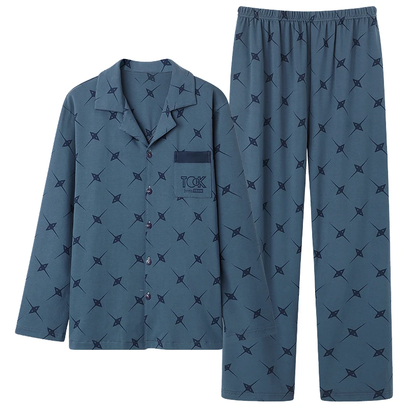 CHINEE Men's Casual Plus Size 100% Cotton Quick Dry Night Suit Cardigan Long Sleeved Trousers Spring Fall Knitted Pajamas Lapel Design