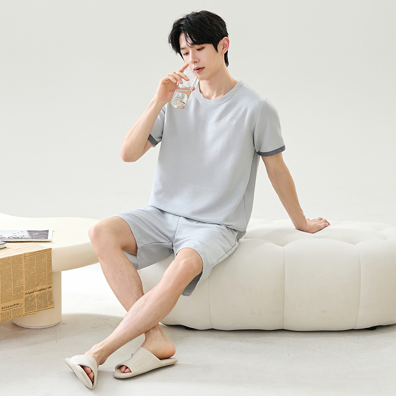 CHINEE Men's Casual Short Sleeve Shorts Four Season Pajamas 100% Polyester Knitted Material Breathable Quick Dry Combo