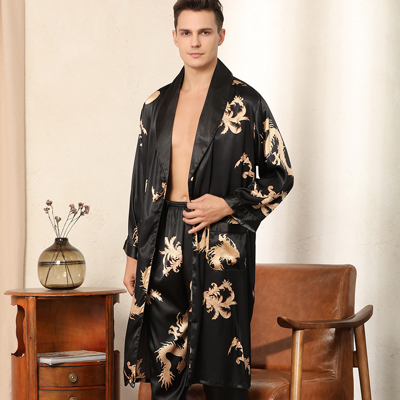 CHINEE Men's Casual Style Large Size Satin Pajamas Pants Two Piece Summer Robe Bathrobe with Dragon Design Long Sleeved Thin Pajamas