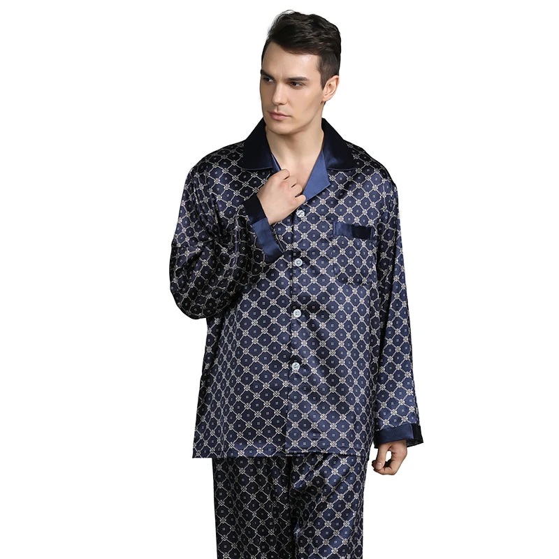 CHINEE Men's Casual Summer Breathable Satin Pajama Set Long Sleeve Button Silk Style 2 Piece Lightweight Fabric Comfortable Sleepwear